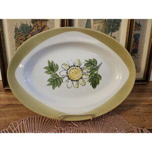 Ceramic Daisy Oval Green  Plate Serving Dish Japan Cute 10.5x8